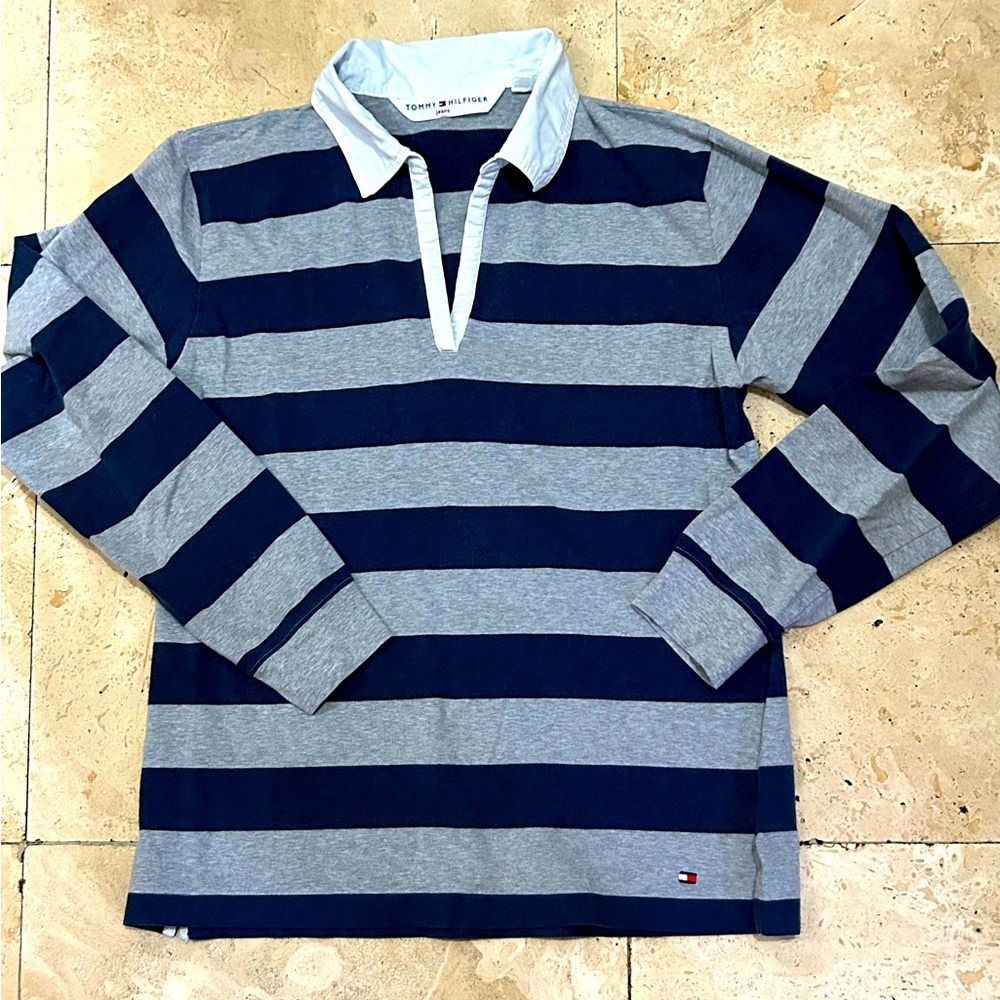 Tommy Hilfiger Gray Navy Striped White Collar Long Sleeve Men’s Cotton Sweater L